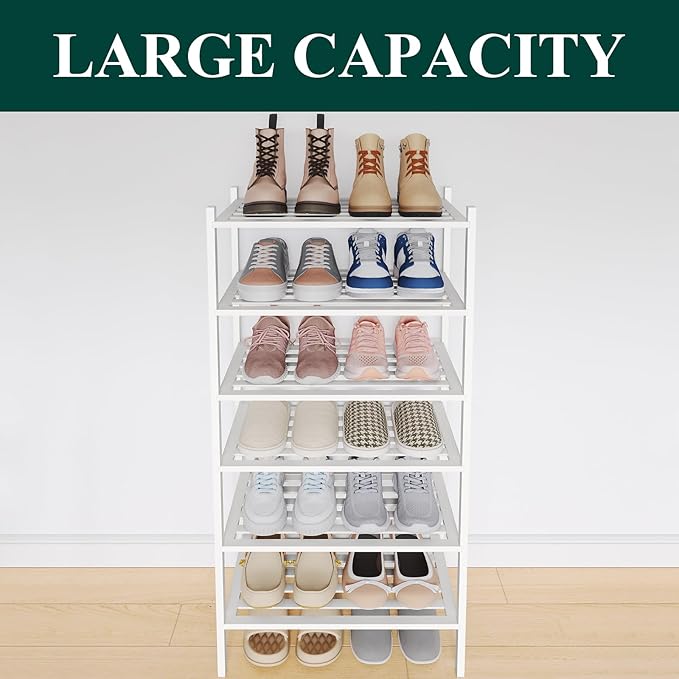 Smiry Small Bamboo Shoe Rack 6-Tier, Stackable Wooden Shoe Organizer for Entryway & Closet, Free Standing Wood Shoe Storage Shelf for Front Door & Small Spaces, White