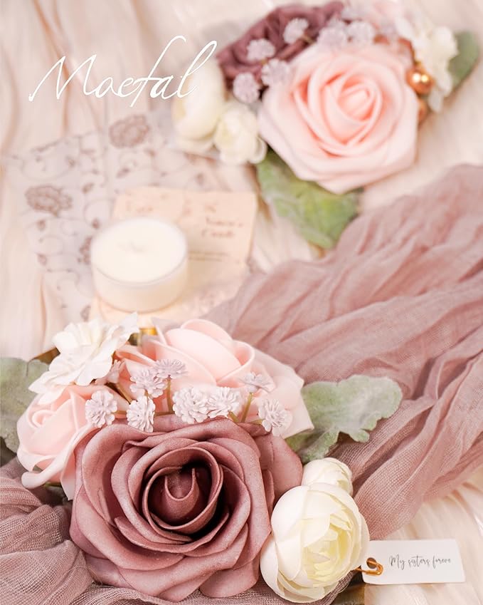 2 Pcs Artificial Flower Wrist Corsage Set, Elastic Wristlet for Prom Wedding Bridesmaid Homecoming Party Anniversary Decoration (Dusty Rose)
