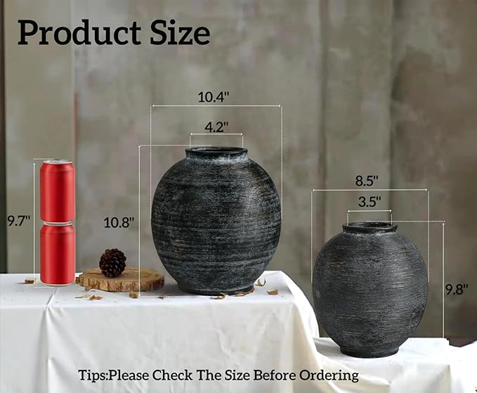 Large Black Ceramic Vase, 10.8 inch Round Minimalist Textured Floor Vase, Rustic Farmhouse Decor for Home, Living Room, Shelf, Table, Bathroom & Entryway Decoration (Black Bronze)