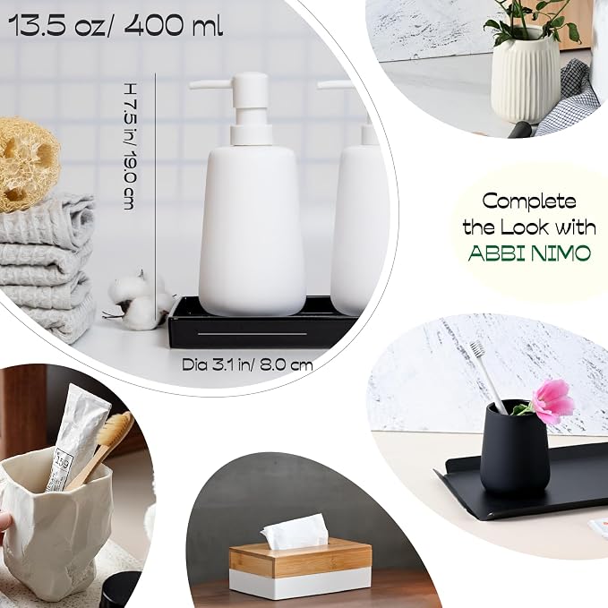 Matte White Ceramic Soap Dispenser, 13 oz Refillable Bathroom or Kitchen Countertop Dispenser with Soft Touch Rubber Coating