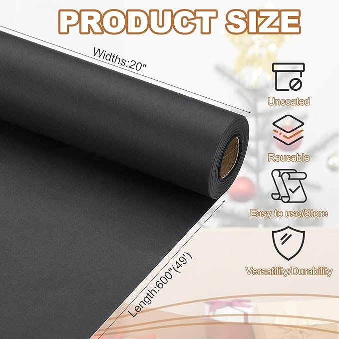PATIKIL Wrapping Paper, 20" x 600"(49') 70 GSM Craft Paper Roll Kraft Packing Paper for Poster Bulletin Board, Gift Wrapping, Black