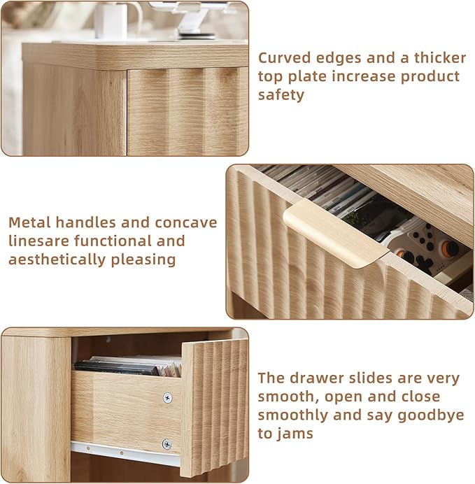 LEYAOYAO Fluted Farmhouse Nightstand Set of 2 with Charging Station, 23" Wide 1 Drawers End Table,Natural Dresser for Bedroom,Bed Side Table Chest of Drawers Cabinet,Wood Night Stand for Living Room