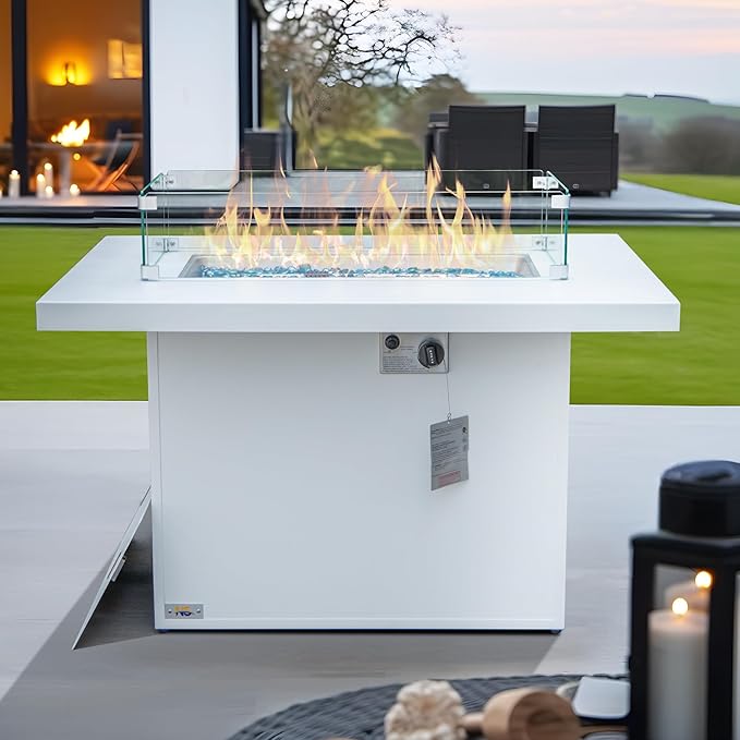 NICESOUL Aluminum Outdoor Propane Fire Pit Table, 60,000 BTU Rectangle Natural Gas Firepits, Rust-Proof All-Weather Fire Table with Wind Guard & Glass Rocks for Patio Outside CSA-Certified, White