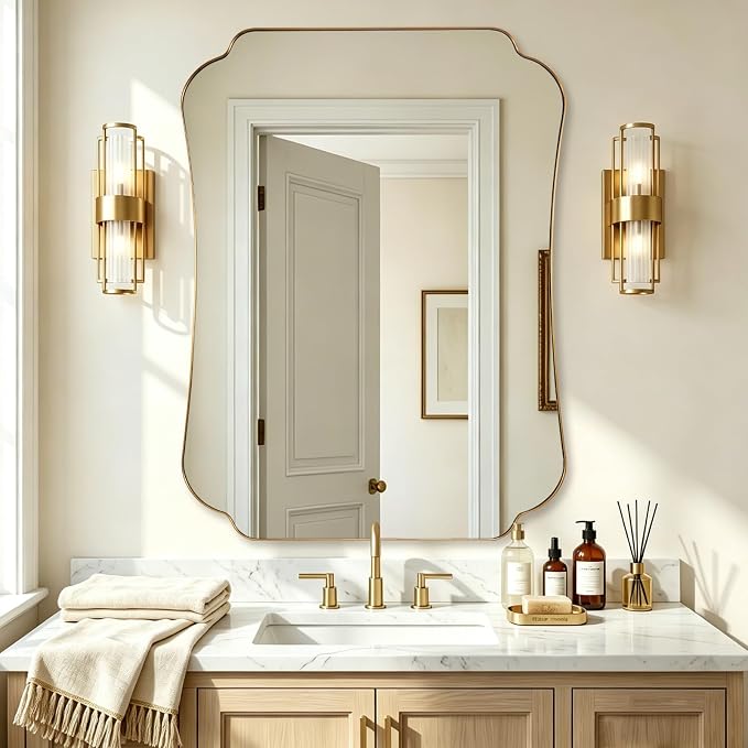 ANDY STAR 36x48 Inch Brushed Gold Bathroom Mirror, Luxury Brass Scalloped Wall Mirror with Stainless Steel Frame, Large Decorative Wave-Edge Vanity Mirror for Living Room, Entryway, Bedroom
