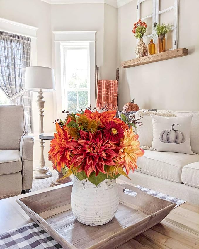 Briful Fall Flowers Artificial Bouquet for Decoration, Fake Silk Flowers Arrangements with Dahlia & Mums Mixed Autumn Floral Stems for Home Room Fall Table Centerpiece Wedding Party Decor