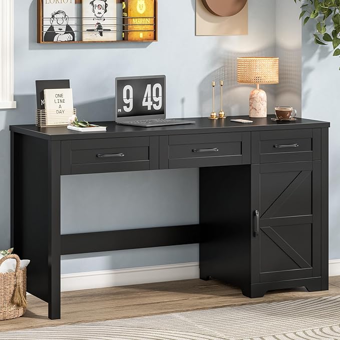 Farmhouse 59" Executive Desk,Computer Desk with 3 Drawers and Storage Cabinet,Workspace for Home Office and Study. Pure Black
