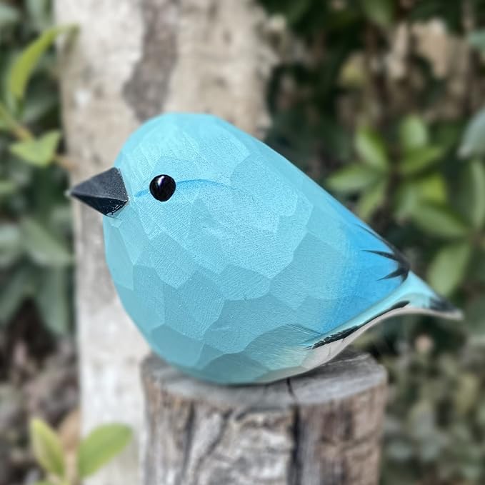Hand Carved Painted Wooden Birds for Home Decor, Bird Statue for Lovers, Housewarming, Birthday, Christmas, Anniversaries (Blue Robins)