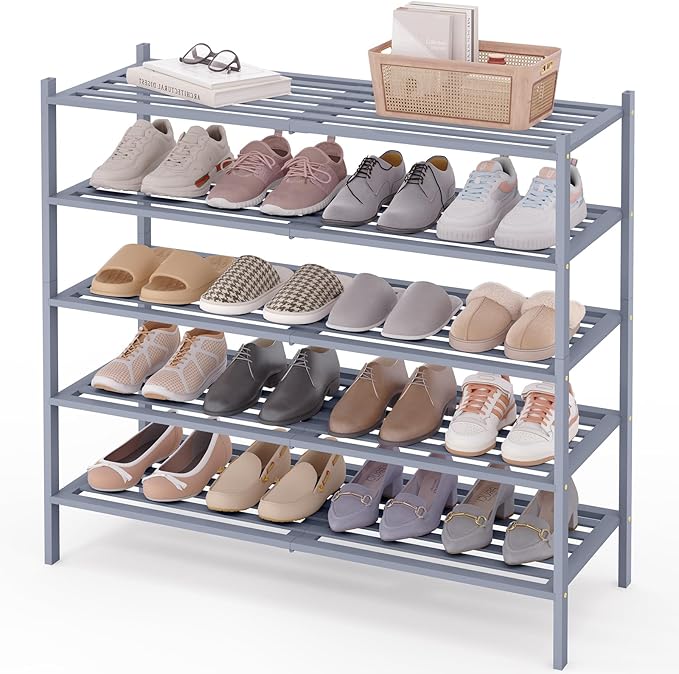 Smiry Long Bamboo Shoe Rack 5-Tier, Stackable Wooden Shoe Organizer for Entryway & Closet, Free Standing Wood Shoe Storage Shelf for Front Door & Small Spaces, Grey