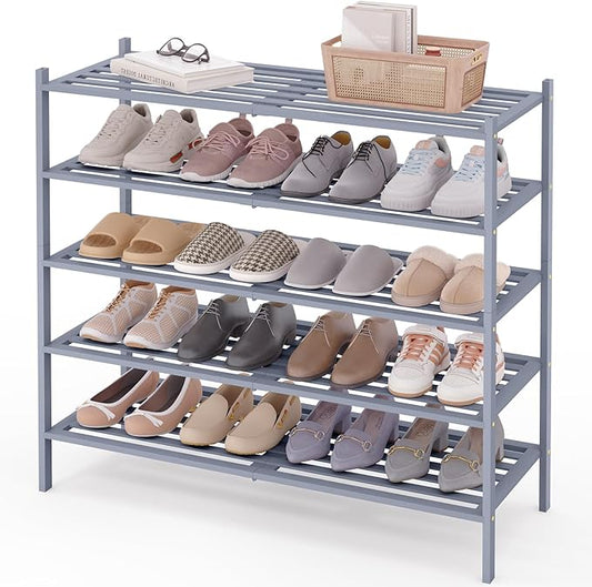 Smiry Long Bamboo Shoe Rack 5-Tier, Stackable Wooden Shoe Organizer for Entryway & Closet, Free Standing Wood Shoe Storage Shelf for Front Door & Small Spaces, Grey