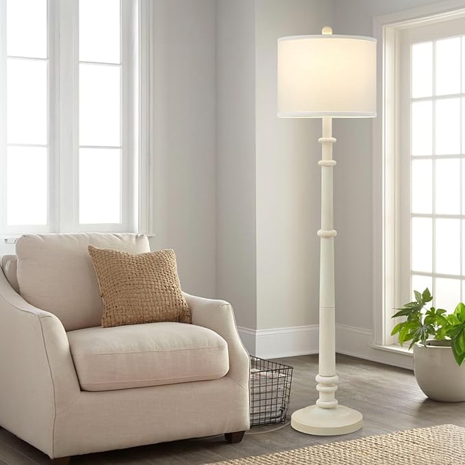 Floor Lamps for Living Room - 60" Resin Farmhouse Floor Lamp with Adjustable Color Temperatures - Vintage Standing Lamp Reading Light with Linen Shade Retro Tall Lamp for Bedroom Office, Almond White