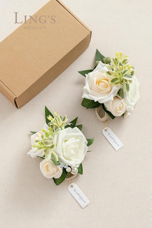 Ling's moment 2pcs Homecoming Wrist Corsage Artificial Flowers, Girl/Mother Corsages Wristlet Décor for Prom/Wedding/Anniversary, etc. White Ivory