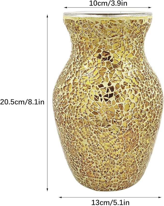 Mosaic Glass Vase, Gold Crackle Crystal Vase Handmade Flower Vase for Home Decor Centerpiece Wedding Table Decor 20.5cm Height