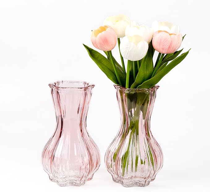 Flower Vase,Glass Vases Set of 2,Blush Clear Pink Vase 8 inch,for Home Decor,Decorations Indoor,Gifts,Wedding,Anniversary,Bridal Shower,Centerpieces