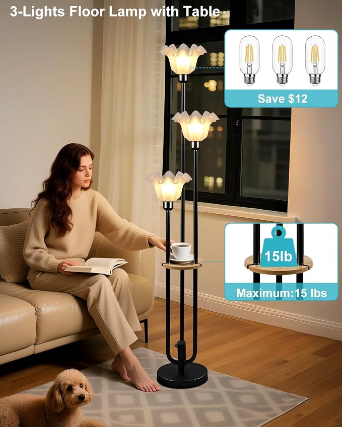 Vintage Flower Floor Lamp for Living Room, Mid Century Modern Floor Lamp Dimmable with Shelf & LED Bulbs, 3 Light 3000K Warmwhite Black Tall Standing Lamp for Bedroom Girls Room Home Decor