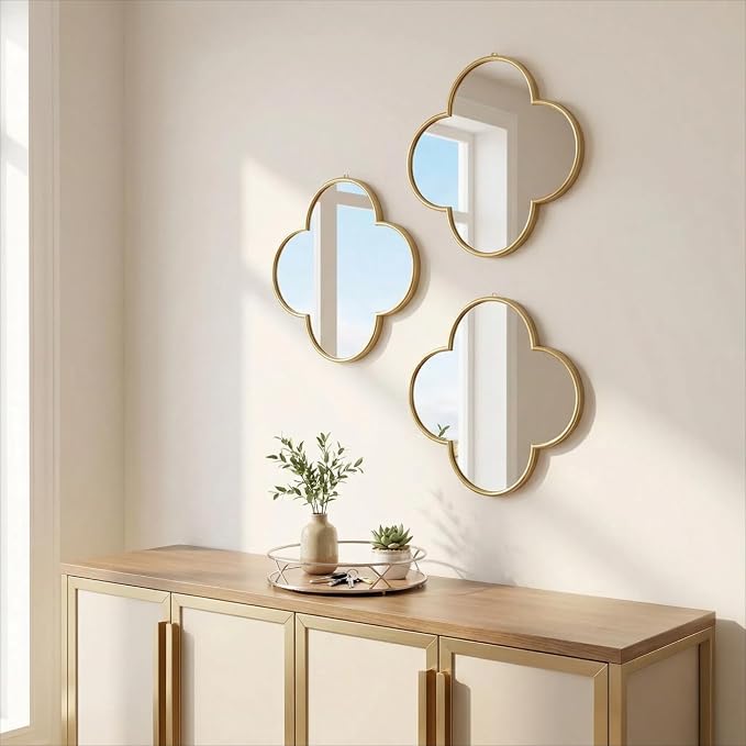 DECANIT Decorative Wall Mirrors Set of 3,Gold Clover Hanging Mirrors with Scalloped Frame for Living Room, Bedroom & Entryway, Accent Wall Decor