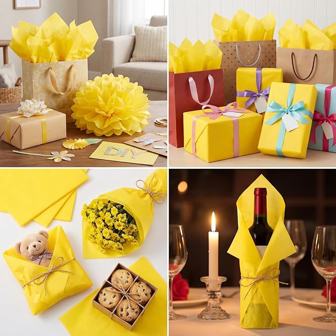 Qilery 500 Sheets Yellow Tissue Paper Bulk for Gift Bags 15 x 20 Inch Acid Free Christmas Packaging Wrapping Paper Sheets for Yellow Party Decoration DIY Craft, Bouquet, Pastry, Wedding