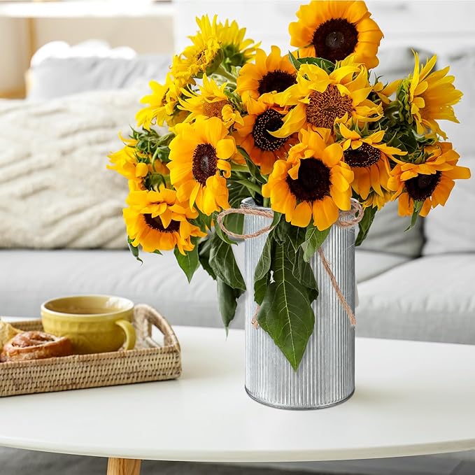Domensi 5.91 in High Farmhouse Vase Decor Galvanized Metal Flower Vase with Twine Bow Vintage Rustic Tin Flower Buckets for Artificial Floral Table Container DIY(Iron Color,24 Pcs)
