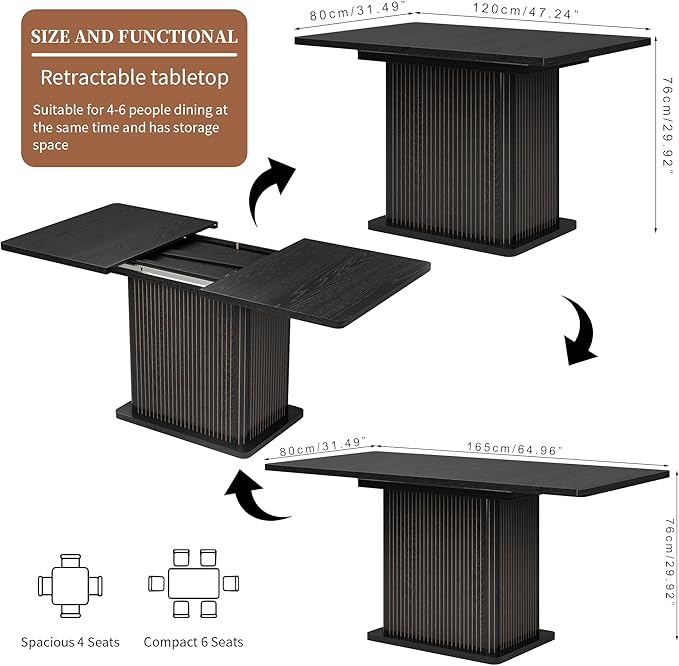 Extendable Black Kitchen Dining Table for 4-6, 47-65 Inch Rectangle Dining Room Table with 2 Doors, Large Storage, Wood Fluted Mid Century Modern Furniture for Dinner, Living Room, Space Saving
