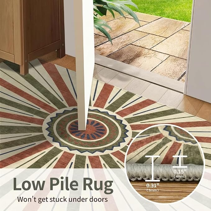 5x7 Retro Sunburst Medallion Area Rug - Non-Slip Washable Low Pile, Rust Red Olive Green Navy Pattern Carpet for Bedroom, Living Room, Dining Area, Home Office