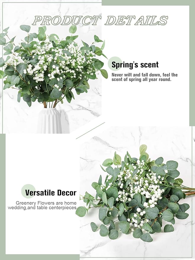 Beferr 5pcs Eucalyptus Stems & 6pcs Babys Breath Artificial Flowers Faux Greenery Bouquets for Wedding Table Centerpiece Home Decor