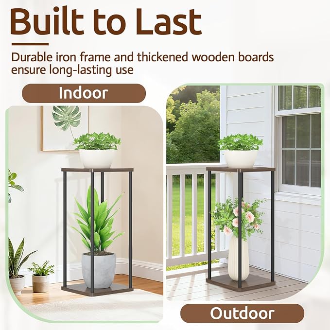 Oppro 2 Tier Plant Stand Indoor, 28In Tall Corner Vertical Wood Metal Square Shelf, Modern Black Large Planter Table Heavy Duty Flower Pot Holder Rack for Narrow House Living Room Floor Orchid, Oak