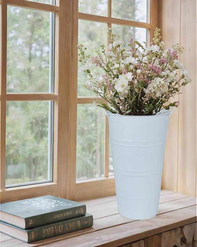 12 Inch Galvanized Metal Vases for Flowers - 6 Pcs Farmhouse Decorative Tall Flower Bucket with Handles, Rustic French Tin Planter Buckets for Wedding Decor (Pure White)