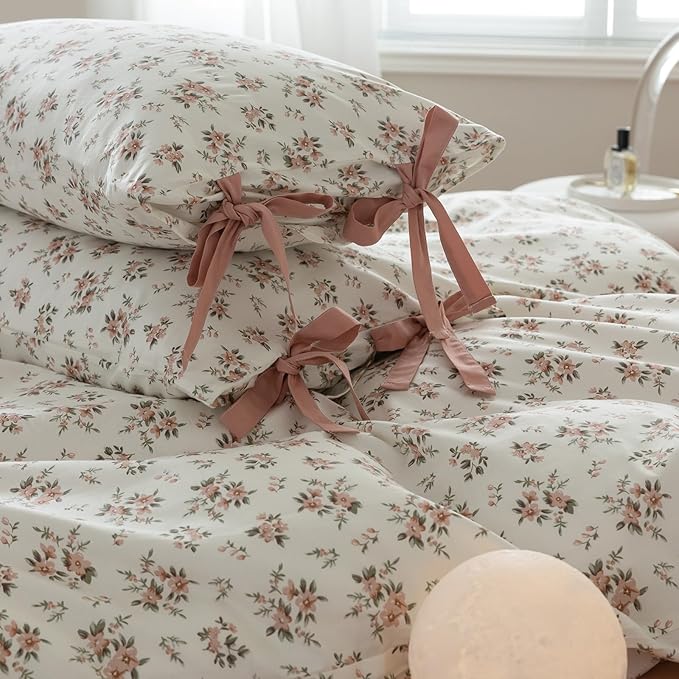 Pink Floral Duvet Cover Set Queen Vintage Style Cozy Cotton Soft Comforter Cover Queen 3 Piece for Girl Teen,Room Decor Boho Flowers Bedding Duvet Cover with 2 Pillowcases with Bow Ties
