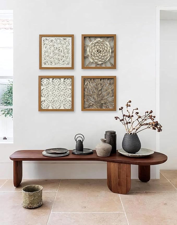 FOLKOR Handmade Paper Wall Art for Rustic Farmhouse Boho Room Aesthetics, 12" Framed Abstract Shadow Box Art Decor, Lattice Hanging Artwork Eclectic Decor for Apartment Nursery Hallway Above Desk Bed