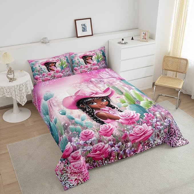 Pink Cowgirl Full Size Comforter Set,Reversible Southwest African Style Black Bedding Comforters Bedroom Collection,Western Floral Desert Cactus Sparkling Bedding Set for Girls Teens