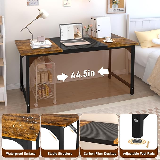 Computer Desk, 55 Inch Home Office Desks, Office Desk for Gaming Writing Study Work, Study Table with Large Legroom, Computer Desk with Metal Frame (Brown + Black Carbon Fiber Tabletop, 55inch)