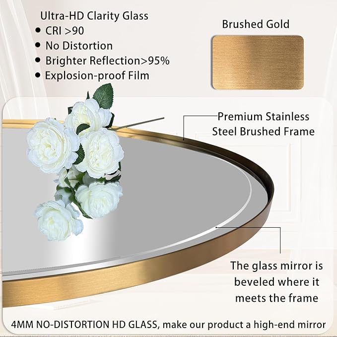 POZINO Brushed Gold Beveled Mirror, 24"x38" Arched Vanity Mirror Over Sink, Rounded Rectangle Mirrors with Stainless Steel Frame, Brass Oblong Mirrors for Bathroom Bedroom Living Room Entryway