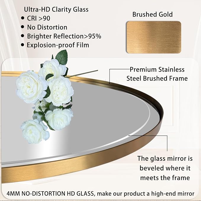 POZINO Bathroom Beveled Mirror, 32"x24" Brushed Gold Vanity Mirrors with Stainless Steel Frame, Rectangle Aesthetic Wall Mirror for Entryway Hallway Bedroom Living Room, Horizontal or Vertical Hanging
