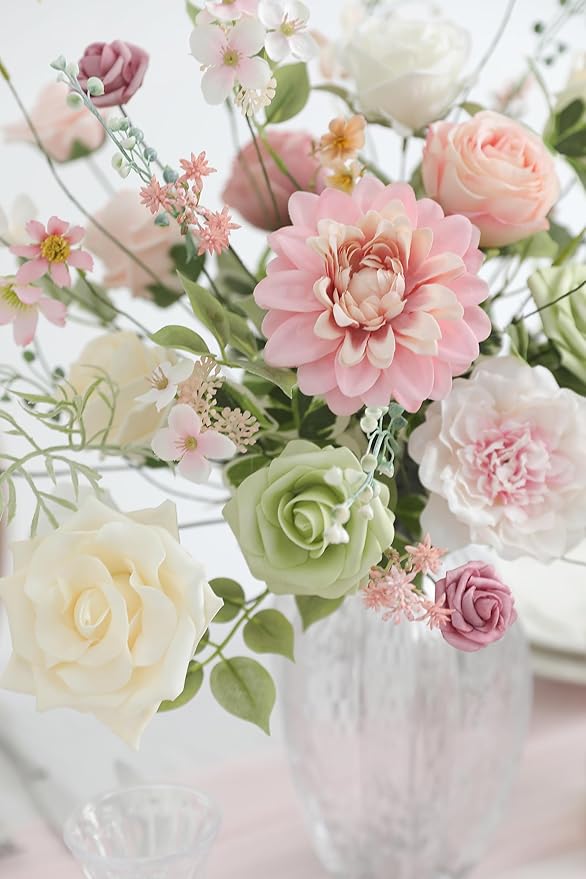 Pink Artificial Flowers Combo Box Set Fake Flowers Bulk Flower Leaf with Stems for DIY Wedding Bouquets Centerpieces Baby Shower Party Home Decorations