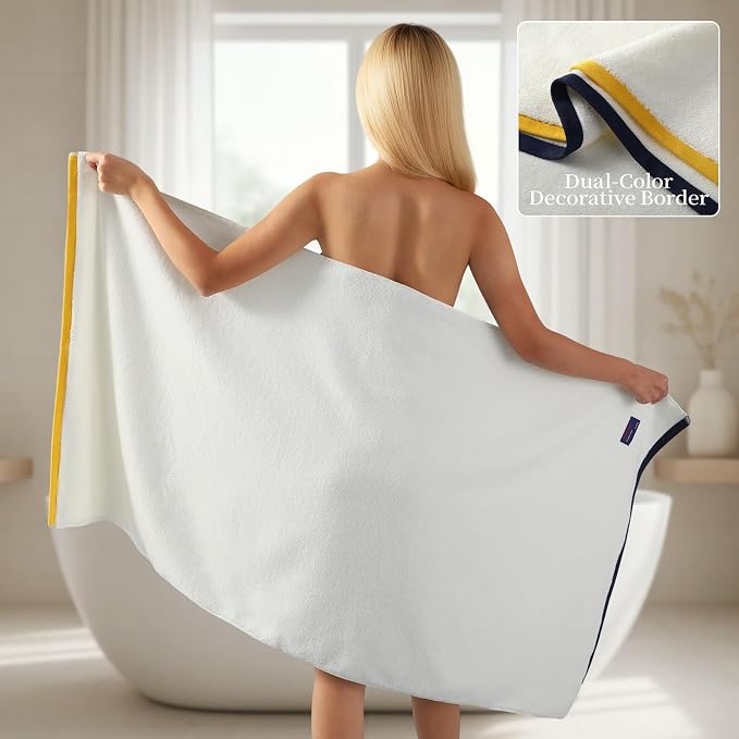 REDKISS 2 Pack Cotton Bath Towels, Soft Absorbent 600 GSM, 27x54 Inch | Quick Dry | Reinforced Stitching | Modern Contrast Border Design | Machine Washable | Bathroom, Gym|Spa & Guest Use | White