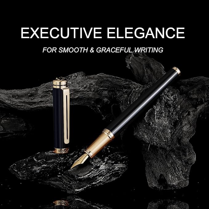 HDDNB Black Luxury Fountain Pen Set for Men and Women with Gift Box, 24K Gold Finish and Gilded Nib(Fine) with 5 Black Ink Cartridges and Converter