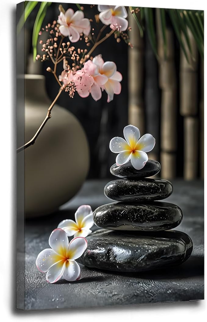 A harmonious black stone stack paired with white and pink flowers bamboo and ceramic vases creates a tranquil Zen decor for minimalist homes and mindful spaces 16x24in Wood Framed