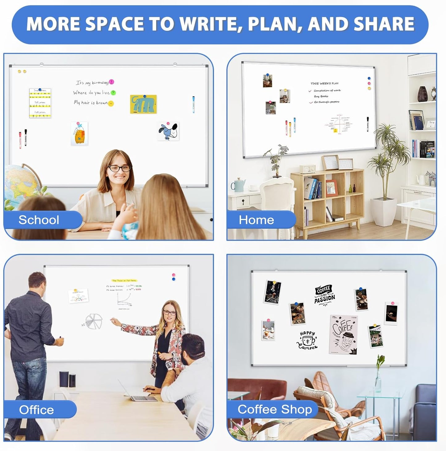 WALGLASS Double-Sided Dry Erase Board - 72" x 48" Magnetic Whiteboard with Silver Aluminium Frame for Home, School, Office
