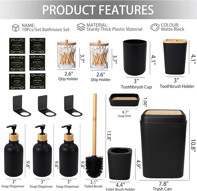XLHOMO Black and Wood Bathroom Accessories Set 19Pcs, Bathroom Set with Trash Can and Toilet Brush, 3PCS Drill Free 17oz Soap Dispenser Wall Mounted, Toothbrush Holder and Cup, Soap Dish, Qtip Holder