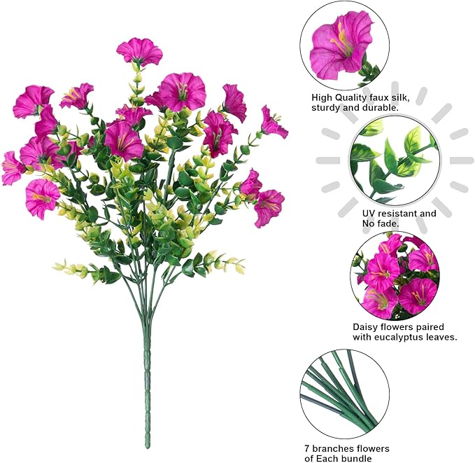 Artificial Flowers Fake Plants for Outdoors Decoration, 12 Bundles Silk Morning Glory with Eucalyptus Realistic UV Resistant Faux Flowers for Outside Planter Porch Yard Patio Garden Home Indoor, Mix