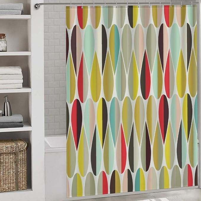 Mid Century Modern Shower Curtain,Retro Abstract Geometric Drop Shapes Art Style Shower Curtains Set for Bathroom Fabric Decorative Bath Curtain Washable Curtain Hooks, 72x72 inch