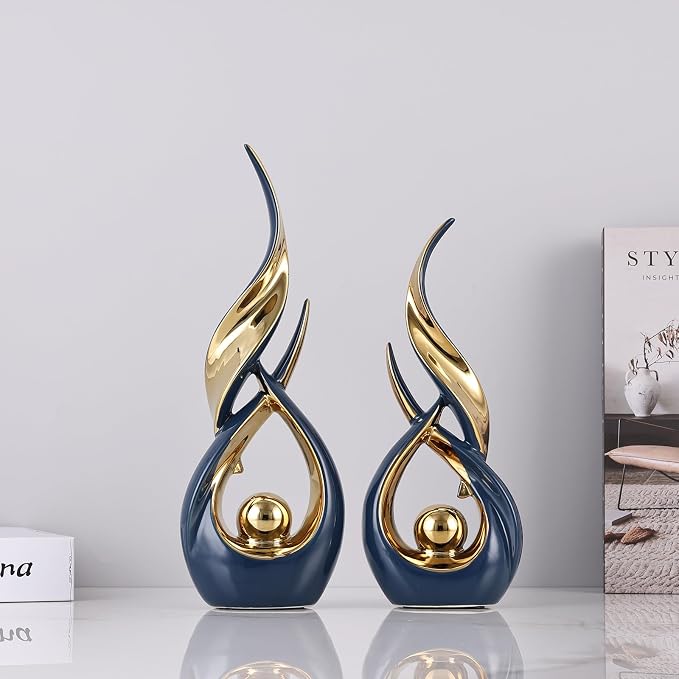 2 PCS Blue Gold Ceramic Statues For Home Decor Accents, Modern Abstract Art Sculptures, Elegant Tabletop Decorative Objects For Dining Room, Entryway, Tv Stand, Mantel, Coffee Table Centerpieces