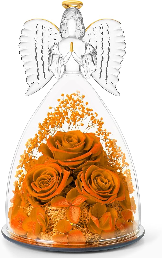 Christmas Flowers Gifts for Grandma Mom,Forever Real Roses in Angel Figurines,Christmas Roses Gifts for Women Wife Mother in Law/Orange