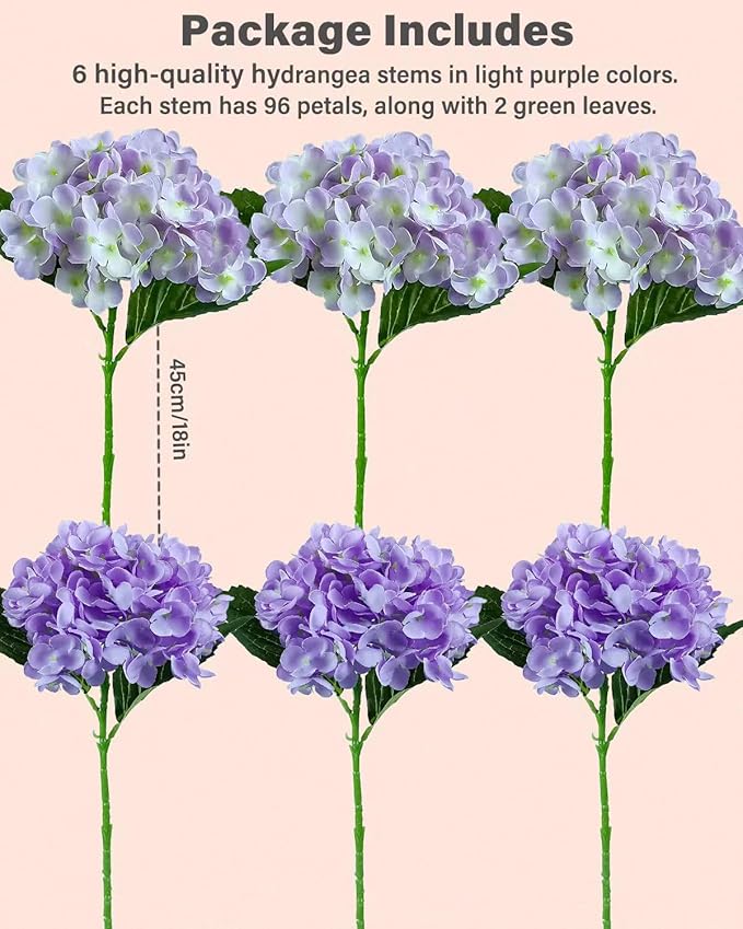 6PCS Premium Purple Hydrangea Artificial Flowers Bouquets, Light Purple Silk Hydrangea Flowers Heads with Stems, Fake Hydrangeas Flowers Arrangement, Faux Hydrangea Decor for Home Wedding Party Table