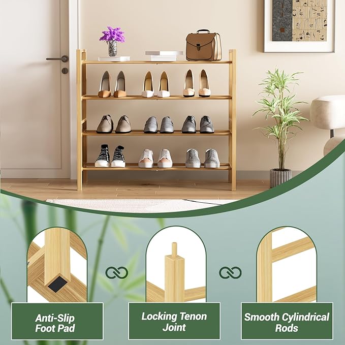 Haddockway Bamboo Shoe Rack for Closet, Free Standing Shoe Organizer with Smooth Round Rods & Convenient Handles, Stackable Shoe Storage Shelf for Entryway, Hallway(Natural, 4-Tier)