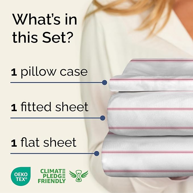 Striped Sheets - Red & White Striped Sheets - 1 Flat & 1 Fitted & 1 Pillowcase w/ Deep Pockets – Wrinkle & Fade Resistant - Soft, Breathable and Cooling – Luxury Pinstripe Bedding - Twin Size Bed Set