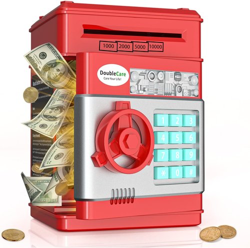 DoubleCare Electronic Piggy Bank - Cute Mini ATM with Password & Music | Red Cash Safe Box for Kids