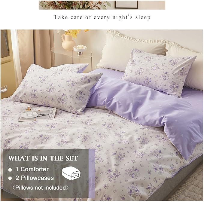 VM VOUGEMARKET Full Comforter Set Cottagecore White Lilac Floral Botanical Comforter with 2 Pillow Shams,Lightweight Garden Flower Bedding Set for Girls Women