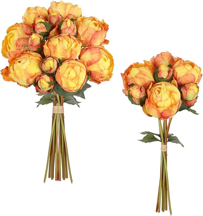IPOPU Orange Flowers 2 Bouquets Faux Peonies Flowers Look Real 14PCS Artificial Peonies Silk Faux Flowers for Vase for Coffee Table Decor Wedding Decorations Burnt Orange Decor