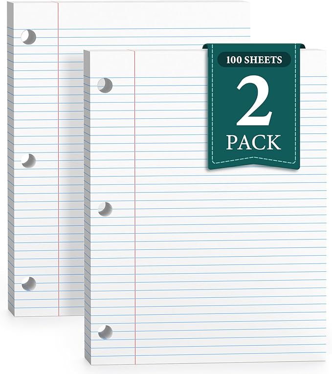 PINJINGPRO Loose Leaf Paper, Notebook Paper, 8 x 10.5 College Ruled Paper, 3 Hole Punch Binder Paper, Lined Paper for 3 Ring Binders, College Ruled Paper, 100 Sheets/Pack Filler Paper (2 Pack)