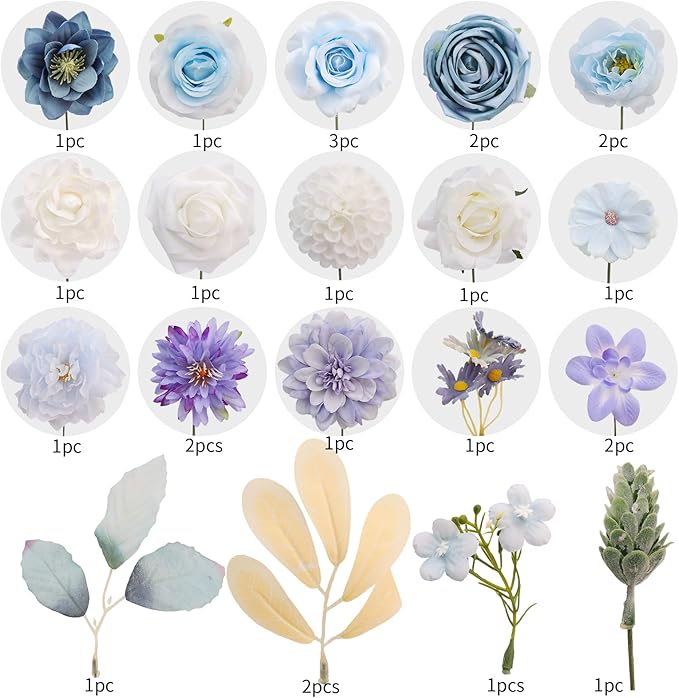 SwanMoon Artificial Flowers Combo Box Set, 26pcs Blue Silk Roses & Daisy with Stems for DIY Wedding Bouquets, Party Centerpieces & Home Decor